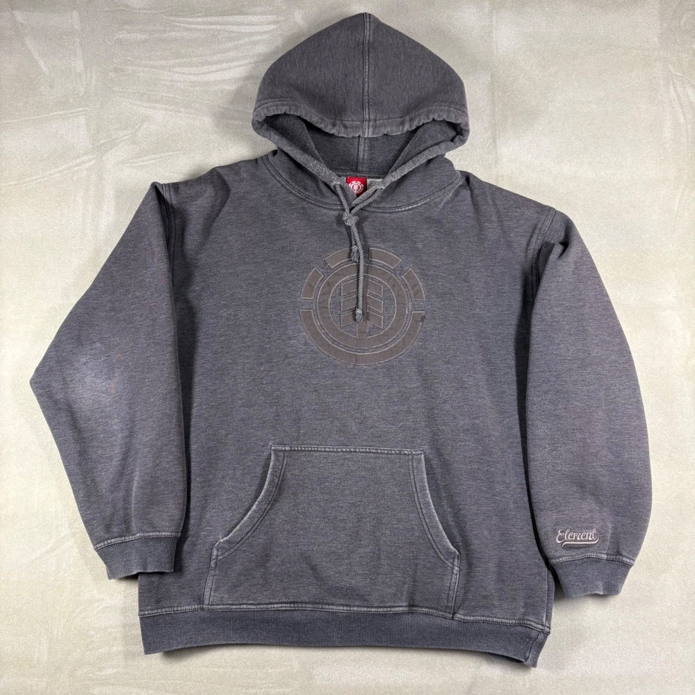Element Skateboards Mens Charcoal Gray Logo Pullover Hoodie Large Vintage Wash